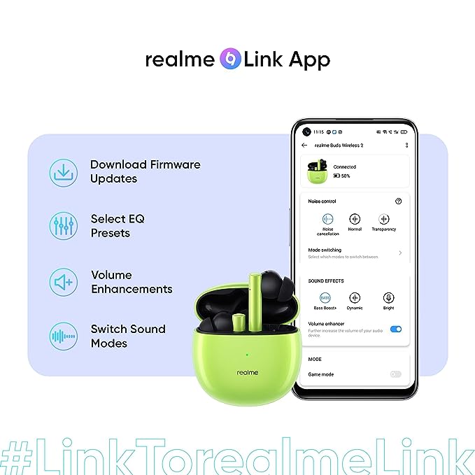 realme Buds Air 2 True Wireless in Ear Earbuds with Active Noise Cancellation (ANC), Super Low Latency Gaming Mode, Smart Wear Detection, Fast Charging & Up to 25Hrs Playtime (Closer Green) realme Buds Air 2 True Wireless in Ear Earbuds with Active Noise Cancellation (ANC), Super Low Latency Gaming Mode, Smart Wear Detection, Fast Charging & Up to 25Hrs Playtime (Closer Green)